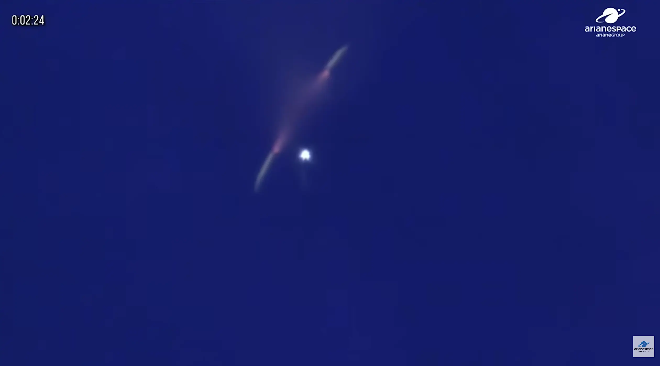 Long-range tracking shot of Ariane 6 (VA265) booster separation