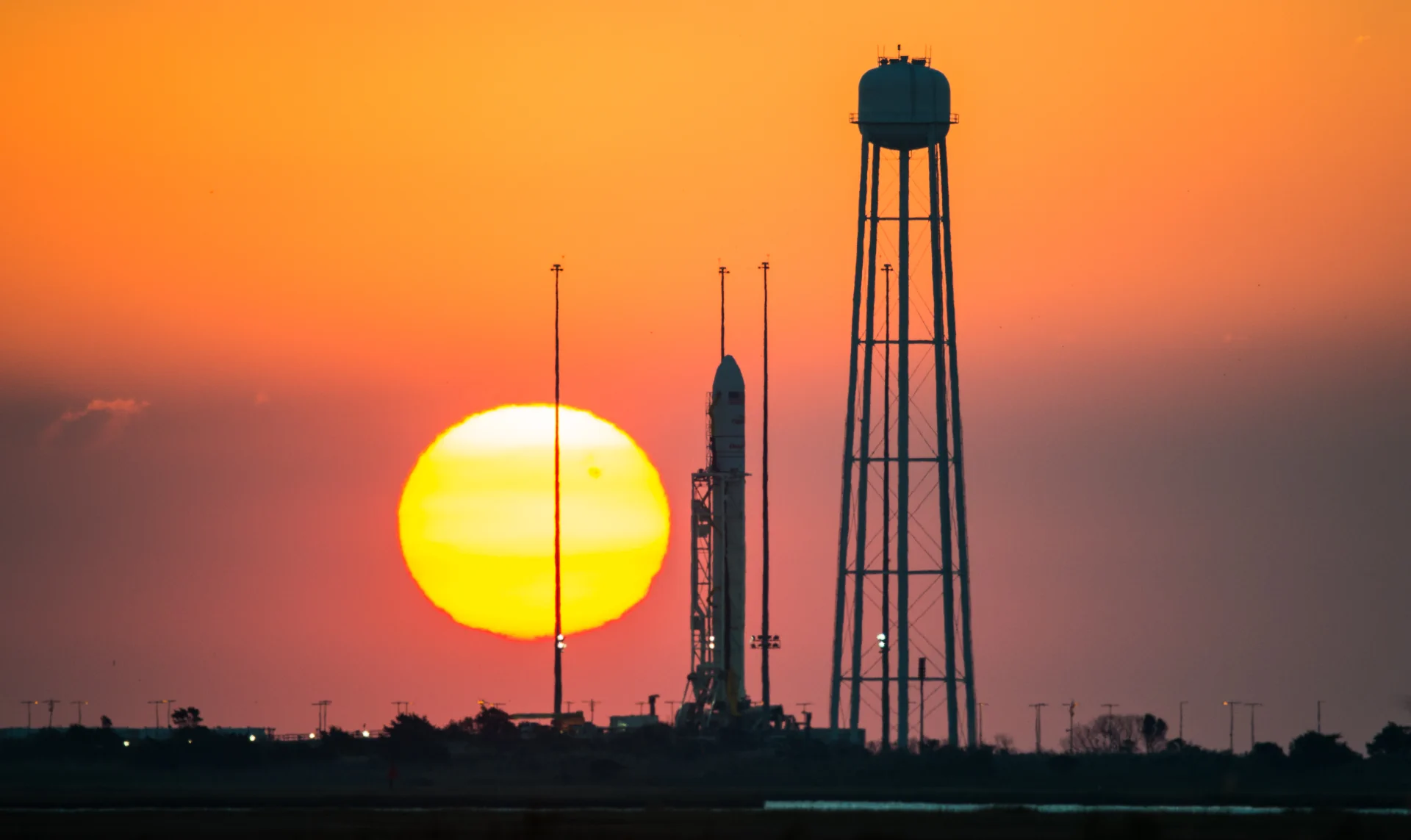 Antares and Cygnus on Pad-0A at Wallops at sunrise.