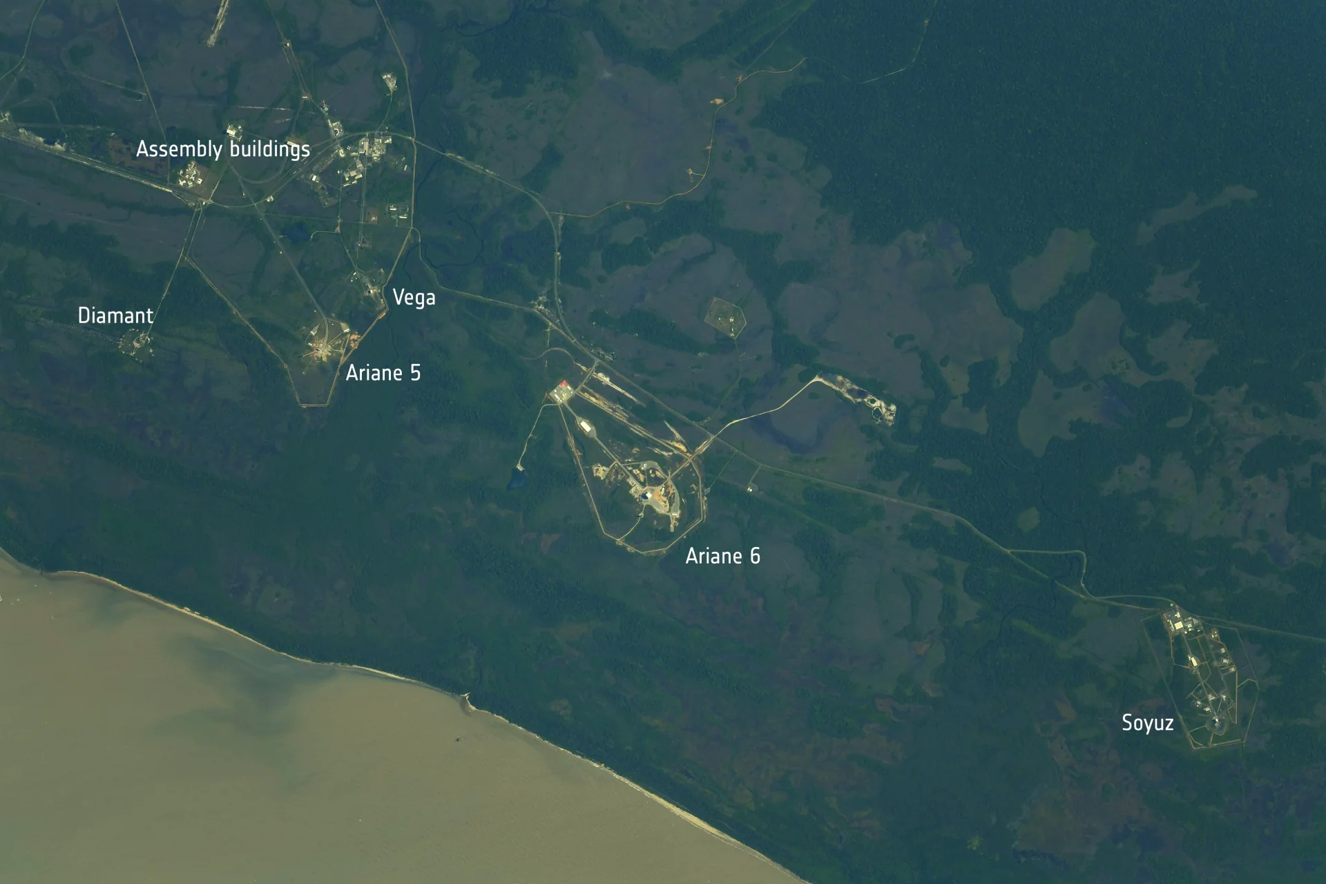 Europe’s Spaceport in French Guiana with its launch complexes identified from orbit.