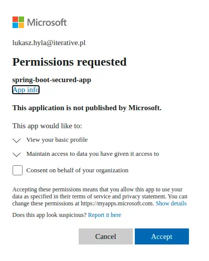 Microsoft Azure permission request for identity data